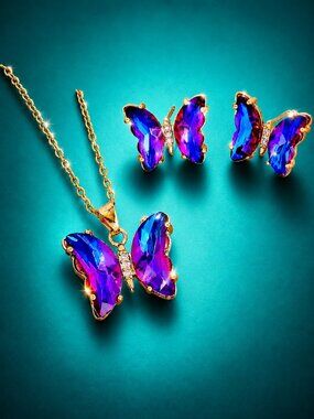 Butterfly Necklace & Earrings Jewelry Gift Set - Purple Cubic Zirconia
